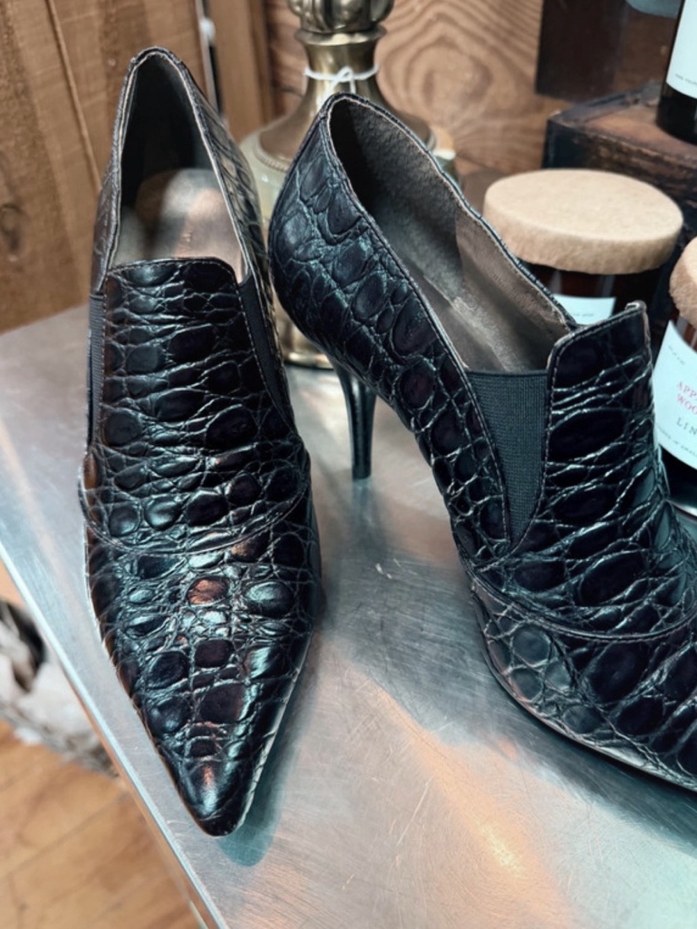 Talbots Black Croc-Embossed Pointed-Toe Heels